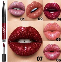 Multifunctionele 2 in 1 glitter vloeibare lipgloss lipliner langdurige anti-aanbak cup glanzende lippenstift 7 kleuren6666558