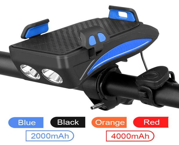 Multifunción 4 en 1 MTB Luz de bicicleta recargable por USB LED lámpara de cabeza de bicicleta bocina de bicicleta soporte para teléfono Powerbank luz delantera de ciclismo 1184199