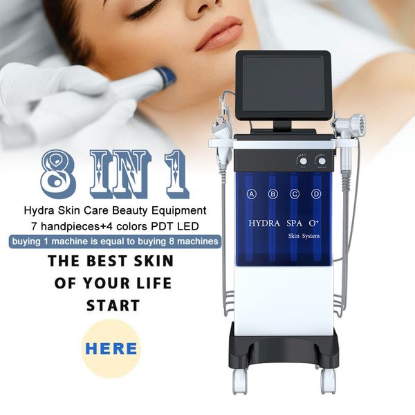 Multifunción 8 en 1 Peeling de diamante y agua hidrofacial Peeling con chorro de oxígeno Aqua Hydra Dermabrasion BIO RF Máquina facial para el cuidado de la piel de limpieza profunda