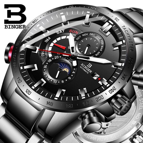 Reloj automático multifunción Hombres Binger Todos los relojes mecánicos de acero Top Relojes deportivos de zafiro impermeable