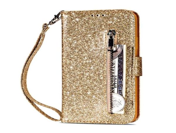 Cois de portefeuille en cuir pailleté multifonction Bling pour iPhone 13 Mini 12 11 Pro Max XR XS 8 7 Samsung S22 Ultra Zipper Sparkle Fli9852748