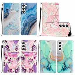 Mode marmeren geometrische lederen portemonnee kisten voor Samsung S23 Ultra S22 plus S21 S20 FE Note 20 A04E A34 5G A54 A14 A23 A04 A04S Flower Butterfly Flip Cover ID Kaart Zak Zakje