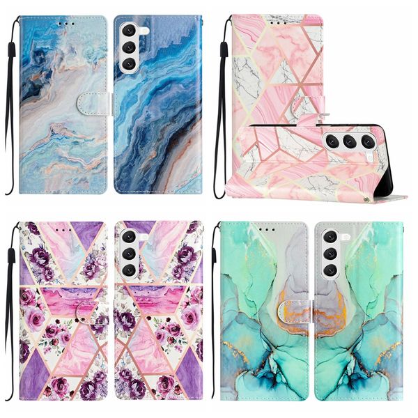 Mode Marbre Géométrique En Cuir Portefeuille Cas Pour Samsung S23 Ultra S22 Plus S21 S20 FE Note 20 A04E A34 5G A54 A14 A23 A04 A04S Fleur Papillon Flip Cover ID Card Pouch