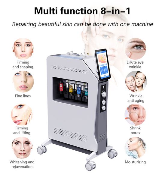 Multifunción H2o2 Hydra Dermabrasion Aqua Peel Oxígeno Jet Facial RF Estiramiento de la piel Máquina de rejuvenecimiento con plasma Hielo Martillo Mango Cuidado