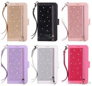 Etuis portefeuille en cuir multifonctions pour Samsung Galaxy S23 Plus S23 Ultra A13 A33 A53 Zipper ID 9 Fente pour carte Bling Glitter Sparkle Flip Cover Book Girls Lady Pouch