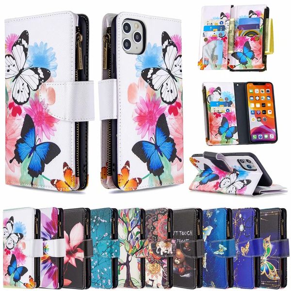 Étuis portefeuille en cuir multifonctions pour Iphone 13 Mini 2021 12 11 Pro MAX XR XS X 8 7 6 SE fleur éléphant papillon fermeture éclair carte d'identité d'argent