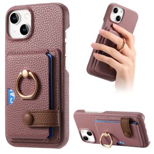 Case de téléphone multifonction Pure Couleur IPhone Cas Ring Kickstand Card INSERT LICHEE Cuir Wallet Design Anti Drop Brown pour iPhone 15 Plus 14 13 12 11 Pro Max XS