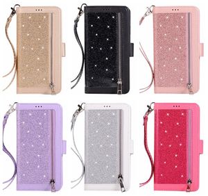 Étuis portefeuille multifonctions en cuir scintillant pour iPhone 15 14 Plus Phone15 13 12 Mini 11 Pro XS MAX XR X 10 8 7 6 Zipper ID 9 Slot pour carte Bling Glitter Sparkly Cover Girls Pouch