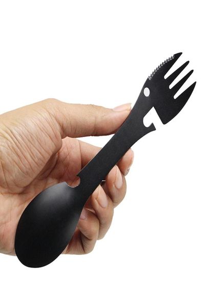 Outils de survie de vaisselle multifonction cuillère à couteaux à couteau à fourgon peut ouvrir en acier inoxydable en acier inoxydable pour le camping extérieur