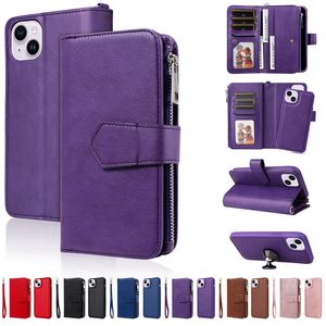 Multifunctionele lederen portemonnee-hoesjes met ritssluiting voor iPhone 15 Plus 14 13 MINI 12 11 Pro Max XR XS X 8 7 6 Autohouder Flip Cover Zakelijk verwijderbaar afneembaar gsm-zakje