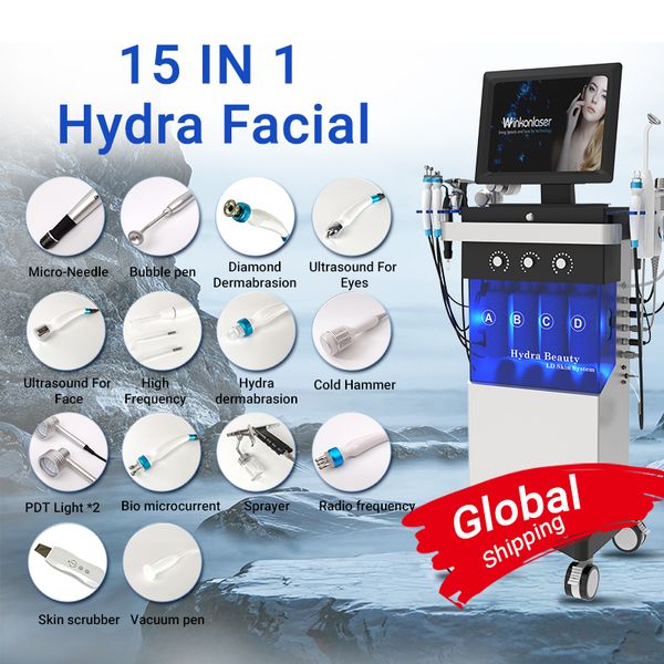Multifonctionnel 15 en 1 diamant machine hydrafaciale jet d'eau Aqua Peel Hydro Dermabrasion oxygène dispositif facial Machine de Microdermabrasion