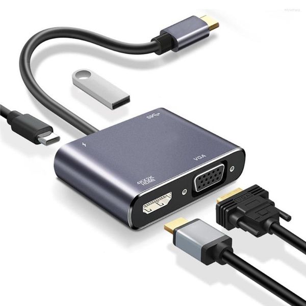 Convertisseur de moyeu multifonctionnel 4-en-1 type-c coque en alliage d'aluminium jusqu'à 4K résolution HD VGA USB3.0 PD Ports de charge