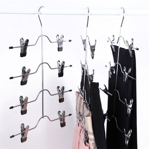 Multifuncional 4 capas de acero inoxidable pantalones percha rack clip falda con 8 clips organizador de almacenamiento ahorrar espacio 220408