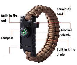 Multifuncional 5 en 1 pulseras de supervivencia SOS kit con silbato brújula cuchillo hoja paracaídas cordón pulsera campamento senderismo equipo de viaje