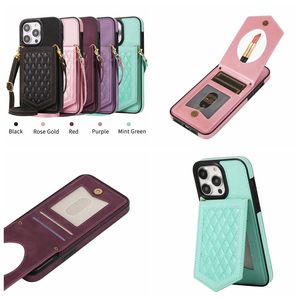 Étuis porte-cartes multifonctions pour Iphone 14 Pro Max 13 12 11 X XS XR 8 7 Plus Diamond ID Slot Pocket Pack Miroir Soft TPU Back Cover Bandoulière Longe d'épaule