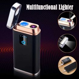 Briquet USB à Double Arc multifonctionnel, trésor de chargement, lampe de poche à impulsion en métal coupe-vent pour l'extérieur, à Induction d'empreintes digitales