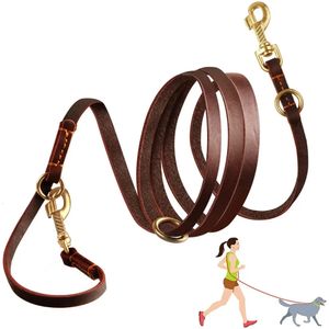 Laisse multifonctionnelle pour chien, en cuir véritable, solide et doux, réglable, mains libres, Double bandoulière pour tous les chiens, 240115