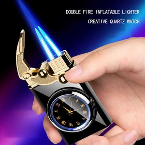 Multifunctionele Dual-use Met Quartz Real Watch Metal Double Fire Blue Flame Jet Winddicht Aansteker LM6NZonder Gas