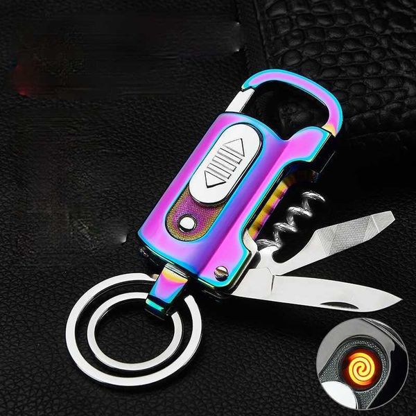 XJAZ – porte-clés multifonctionnel, briquet, chargeur USB, ouvre-cigare, couteau, tournevis plat, métal coupe-vent