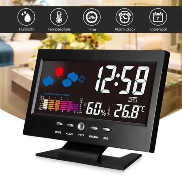Horloge numérique LCD multifonctionnelle avec affichage du calendrier, thermomètre et hygromètre, horloge de Station météo