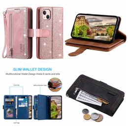 Estuches de billetera de cuero multifuncional para Iphone 15 Plus 14 Pro MAX Samsung A24 A54 A04E A34 Cremallera Bling Glitter Sparkle Holder Flip Cover 9 Ranura para tarjetas Business Pouch