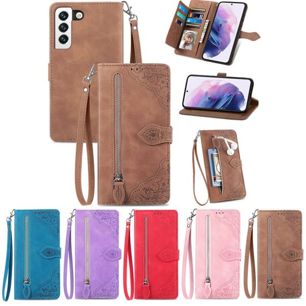 Étuis portefeuille en cuir multifonctions pour Samsung S22 Ultra A13 A33 A53 A13 4G A03 Core A73 A23 M33 F23 M23 M53 5G Porte-impression de fleurs en dentelle Flip Cover ID Card Slot Pouch