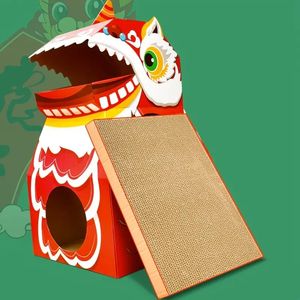 Multifonctionnel Rouge Lion Chat Nid Dinosaure Carton Papier Maison Chat Jouet Planche À Gratter Lit Animaux Maison