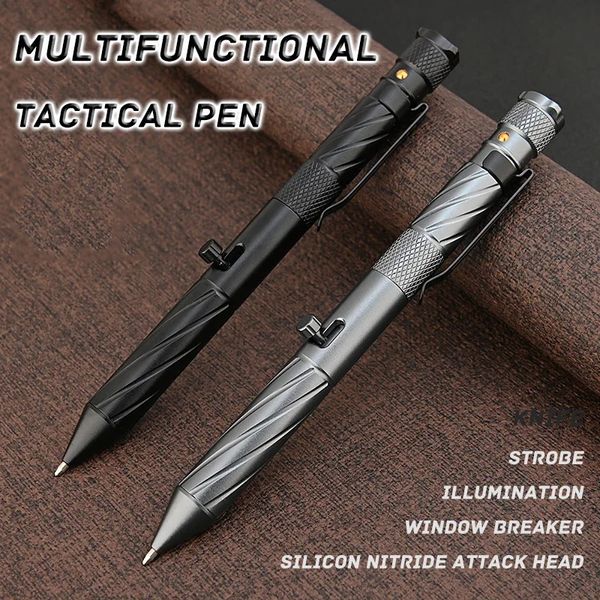 Bolígrafo táctico multifuncional, iluminación de emergencia de aluminio, cuchillo de defensa personal, bolígrafo de escritura, papelería 240116