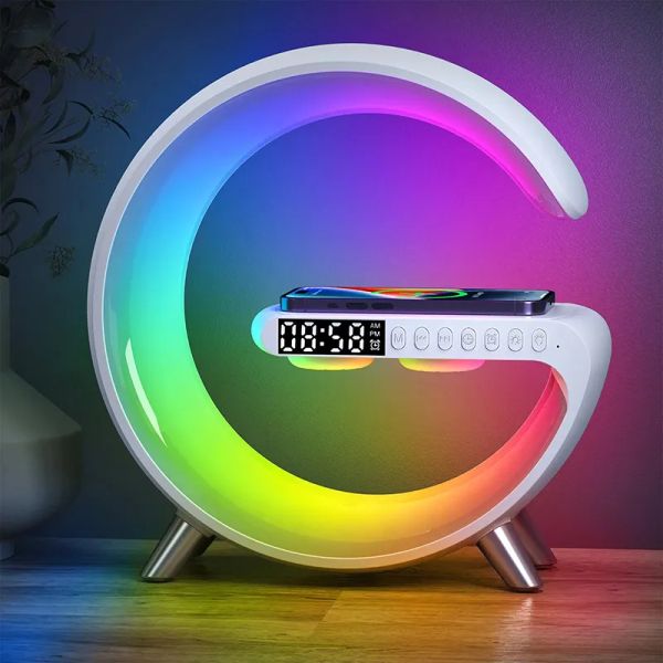 Caseista Multifuncional 15W Wireless Fast Carger Station Altavoz Bluetooth Qi Teléfono Auricular Blanco RGB Noche Lámpara Smart Led alarmación Control de la aplicación