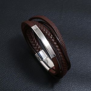 Multilayer Braided Men Leather Bracelets Vintage Stainless Steel Magnet Brown Wrap Wristband Women Jewelry