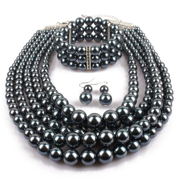 Collier ras du cou multicouche en perles d'imitation, boucles d'oreilles et Bracelet, ensemble de bijoux en perles en plastique pour femmes, fête de mariage, 3 pièces