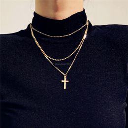 Collier multicouche avec croix de jésus, chaîne en or, ras de cou, bijoux à la mode pour femmes, cadeau de volonté et de sable