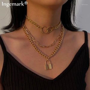 Multilayer Lock Collier Hangslot Hangers Vrouwen Mannen Punk Chunky Dikke Choker Kettingen Sieraden Neck Esthetic Accessoires1