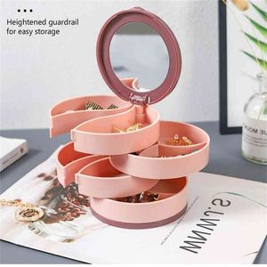 Multilayer Roterende Plastic Sieraden Stand Opbergdoos Oorbellen Ring Cosmetica Schoonheid Container Organizer met Spiegel 210922