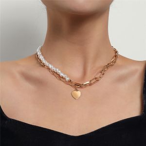 Multilayer Unieke Imitatie Parel Ketting Ketting voor Vrouwen Persoonlijkheid Glanzende Liefde Hart Hanger Choker Paar Sieraden