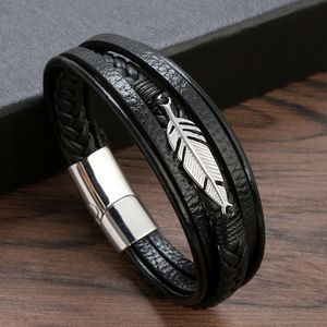 Meerlagige lagen wikkelen echte lederen armbanden Bangle manchet roestvrijstalen veer bedelarmband polsband voor mannen mode sieraden