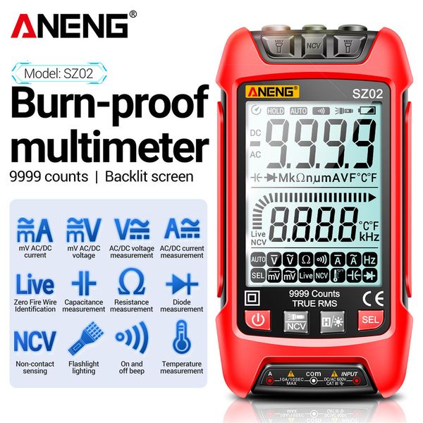 Multímetros ANENG SZ02 Multímetro digital inteligente 9999 recuentos True RMS Medidor de capacitancia eléctrica automática Medidor de resistencia a la temperatura Probadores de transistores 230825