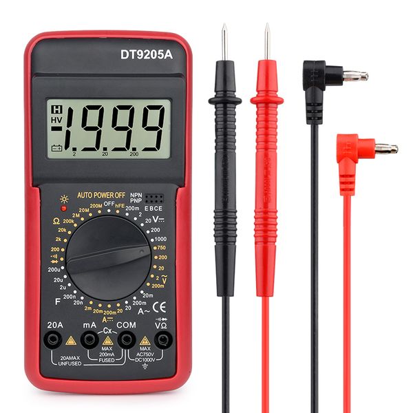 Multímetros DT9205A ROJO Multímetro digital portátil AC DC Medidor de voltaje Amperímetro 20A Hfe Ohm Capacitancia Diodo Tester Sobrecarga con zumbador 230629