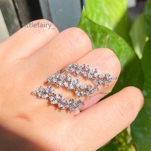 Anillo de dedo grande y largo con forma de hoja de circonita cúbica Chapado en plata ajustable múltiple para mujer, regalo de joyería de boda CZ de lujo