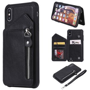 Plusieurs fentes pour cartes Boucle magnétique Folio Portefeuille en cuir végétalien Chaîne Couverture arrière Bracelet Longe Support Holster Shell pour iPhone Samsung