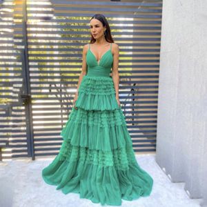 Robes de bal à plusieurs couches, bretelles Spaghetti, ligne A, robe de soirée formelle, en Tulle vert, robe de soirée