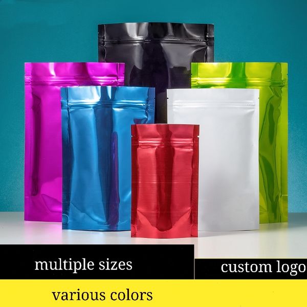 Múltiples tamaños Colorido Zip Lock Stand up Geocery Bolsas de embalaje Brillante a prueba de olores Bolsa de envasado de alimentos secos Bolsas de pescado Café y té Bolsas de almacenamiento