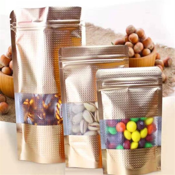 Plusieurs tailles Gold 100ps Stand Up Mylar Foil Embossed ZiperLock Bag with Window Aluminium Foil Refermable Food Pack Pouch Heat Sea255E