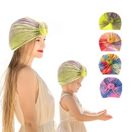 Mummy en Me Tie-Dye Turban Cap India's Hat Bowknot Elasticity Headwraps Stretchy Hair Bands Moeder Kinderen Meisjes Mode Haren Accessoires