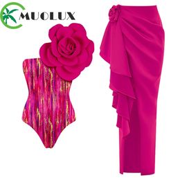 MUOLUX Conjunto de bikini estilo push up de cintura alta Vestido de traje de baño de flores 3D Vestido de mujer con estampado de 3 piezas Traje de baño con volantes Traje de baño para playa Falda 240116