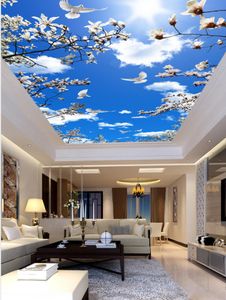 Muurschildering woonkamer slaapkamer plafond behang de parede 3D blauwe hemel witte wolken orchideeën zon plafond muurschildering