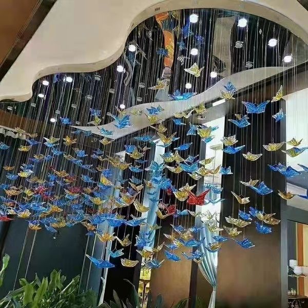 Lámpara colgante de mariposa de cristal de color Murano, lámpara de araña Led para vestíbulo de Hotel grande, proyecto personalizado de cualquier tamaño, diseñador de arte ligero