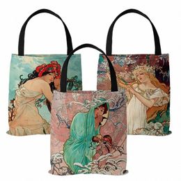 Musa Four Seass Série Sac en toile printemps, été, automne et hiver quadruple peinture fourre-tout, sac de boutique rétro en toile Y6EU # #