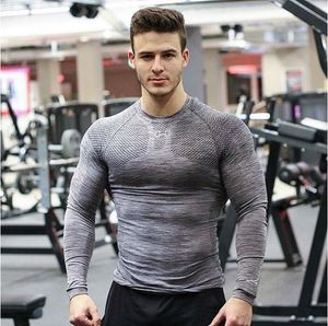 Muscle Fiess – T-shirt de sport pour hommes, collants à haute élasticité, manches longues, respirant, col rond, combinaison d'entraînement, chemise à bascule