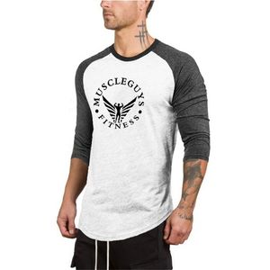 Muscleguys 3/4 manga más tamaño verano otoño casual delgado elástico suave patchwork hombres camisetas masculino fitness tops raglan tee 210421